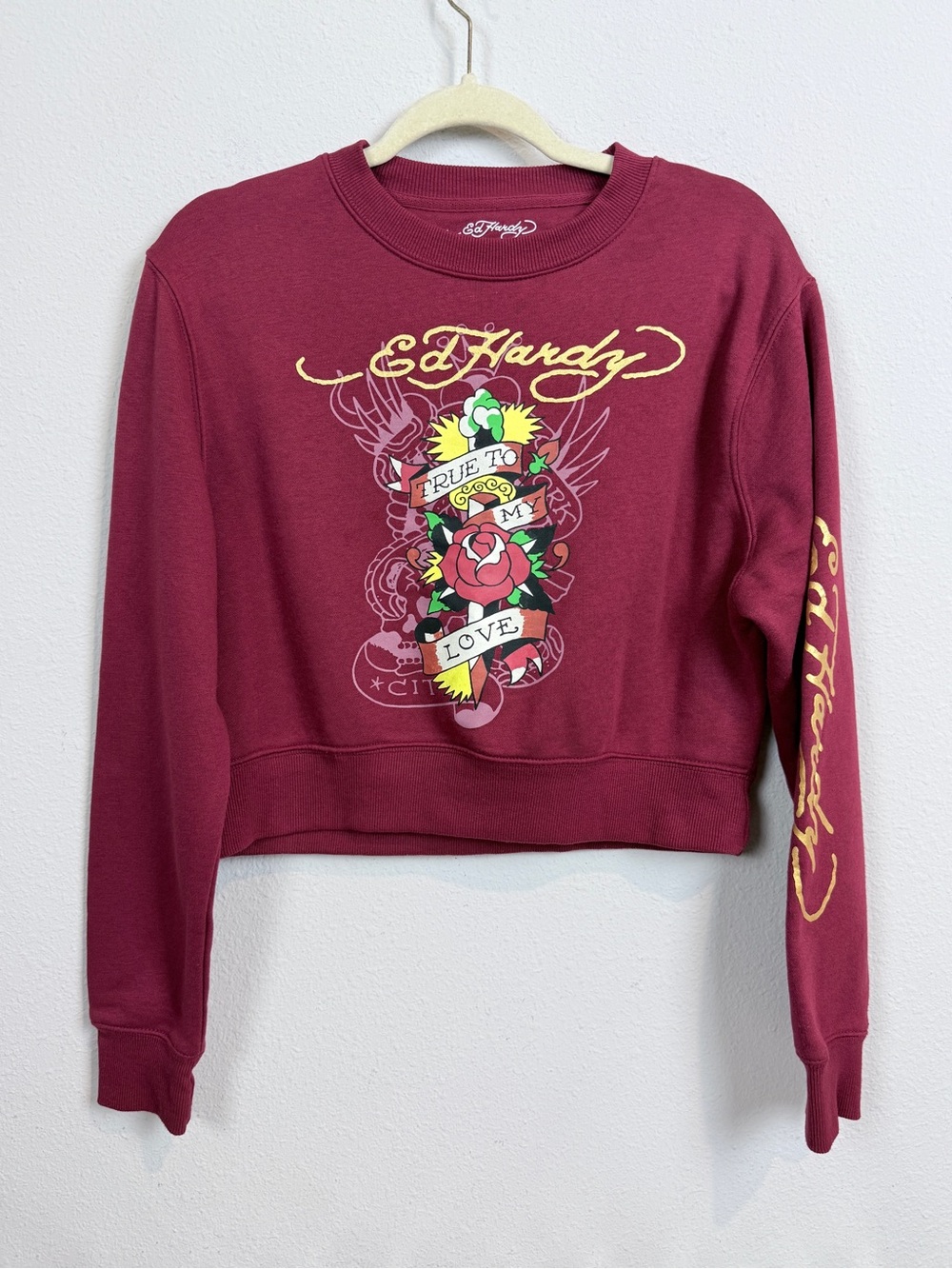 Ed Hardy Burgundy Cropped Graphic Sweatshirt True to My Love M